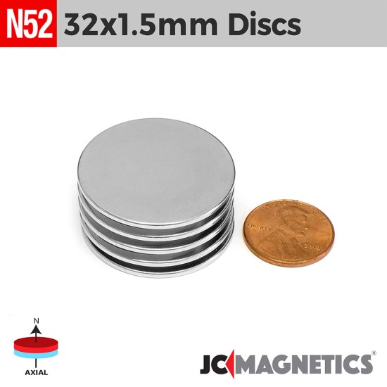 32mm x 1.5mm N52 neodymium magnets round discs 1.26in x 0.06in